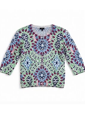 Talbots Cardigan Sweater Geo Print Button Front Green Blue Petite PS